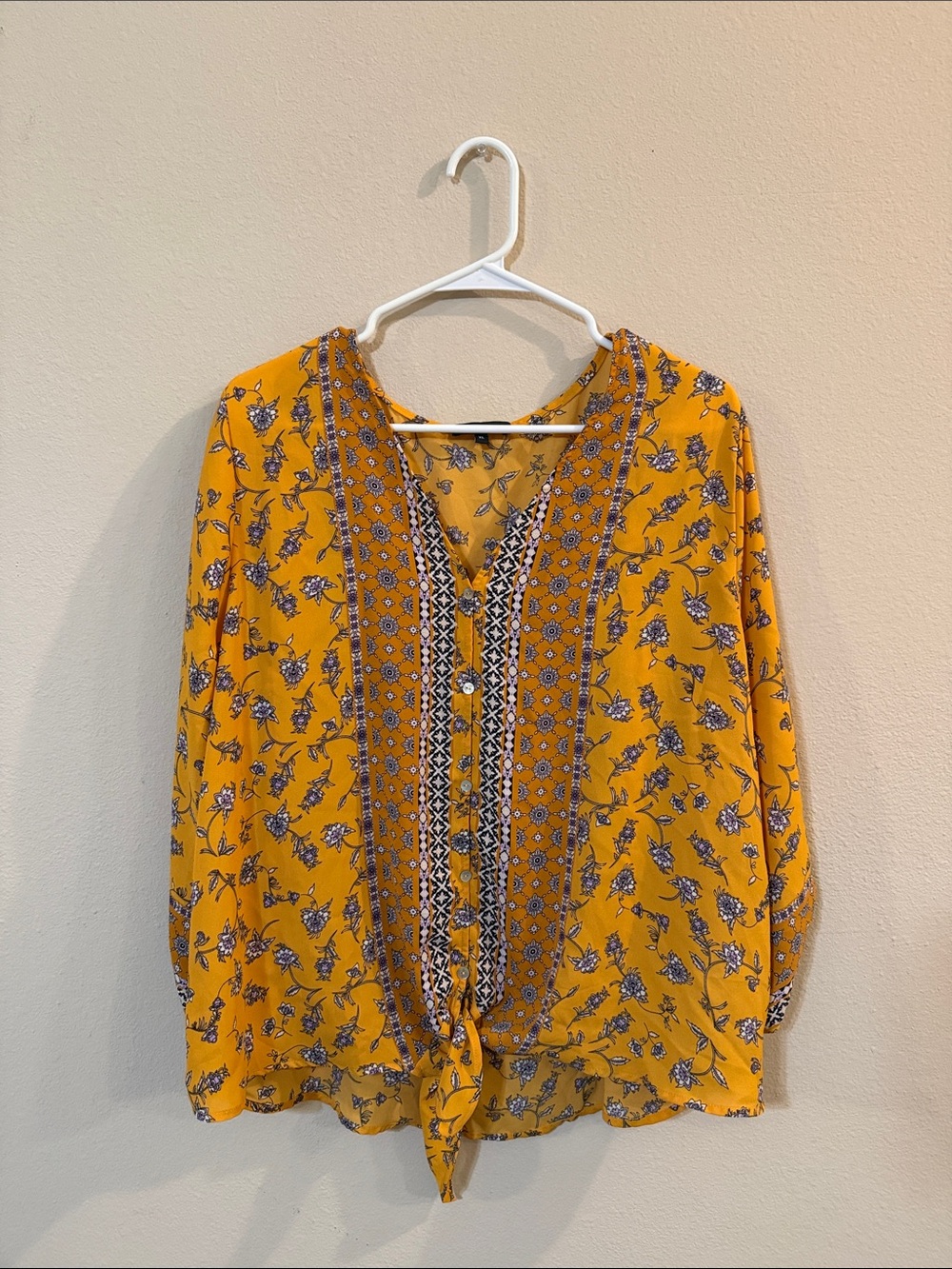 West Kei Mustard Yellow Floral Button-Front Tie-Hem Blouse